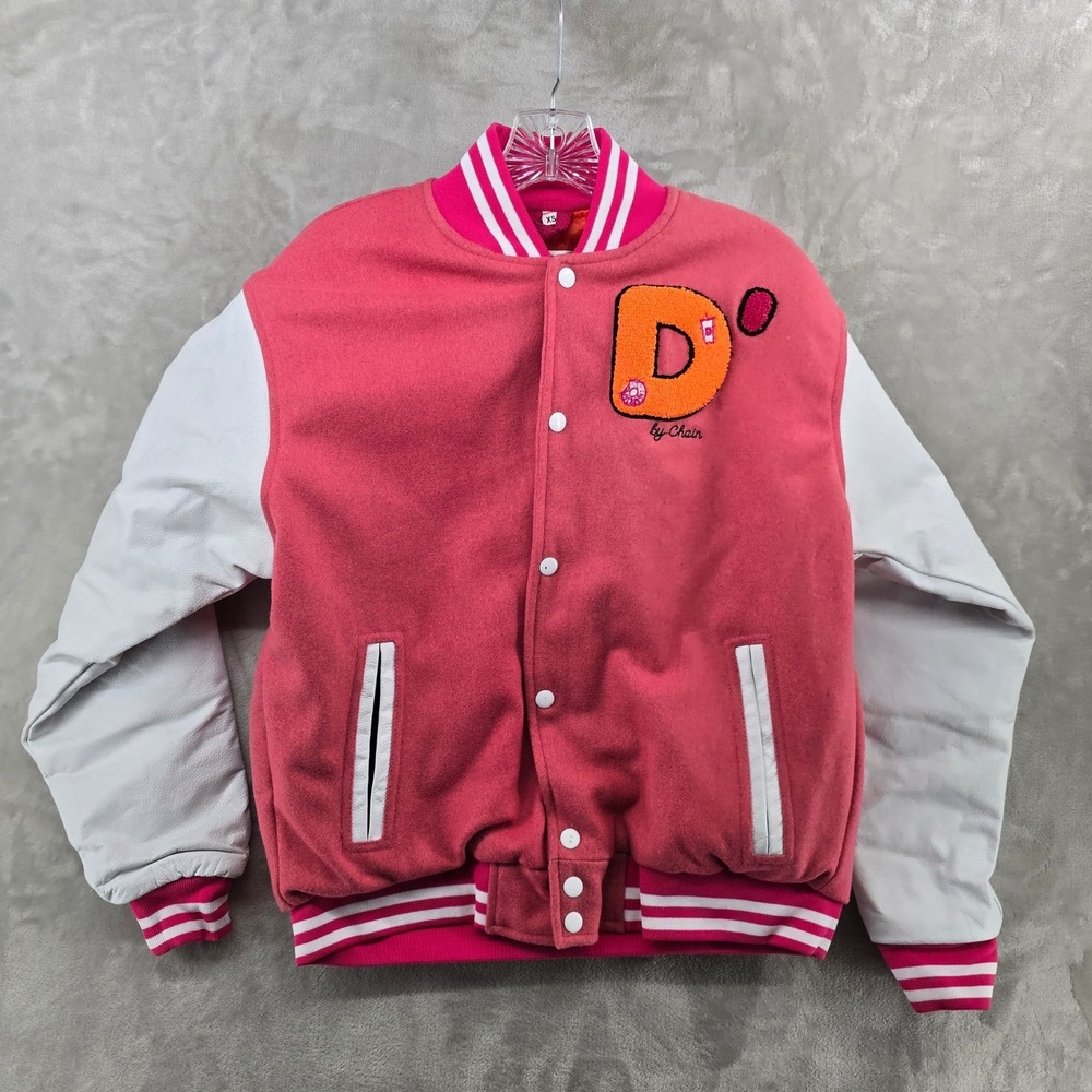 Chain x Dunkin Donuts XS Varsity Jacket Pink Chenille Patch Letterman 23 Bomber